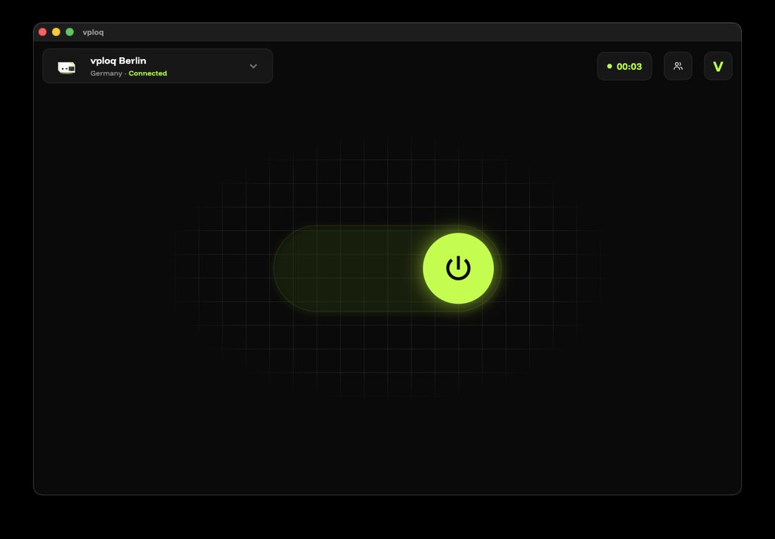 vploq-App auf dem Mac: großer Einschalter, verbunden mit Gerät vploq Berlin